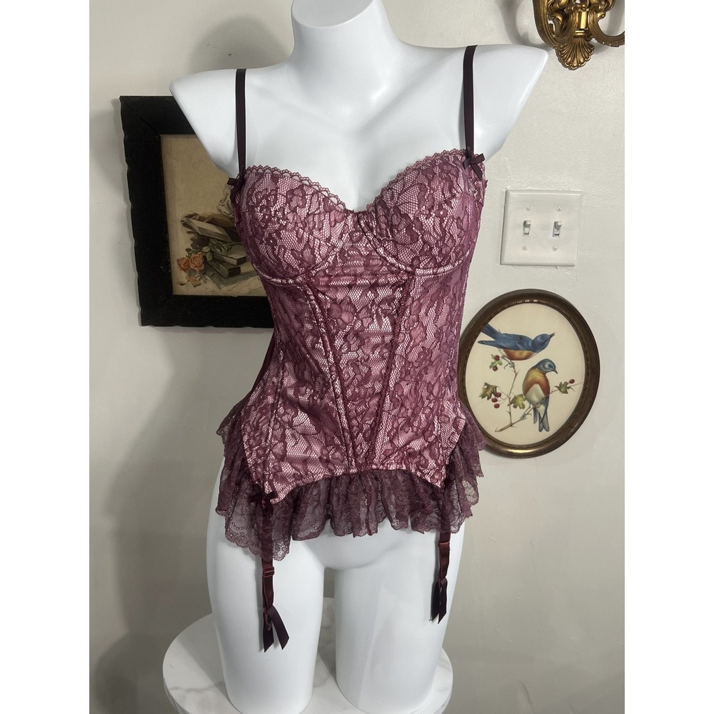 Vintage Purple Lace Corset Lingerie Bustier Top with Garter Straps Size 36B